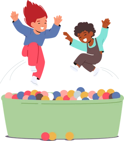 Joyful children playing in pool with colorful balls  Illustration