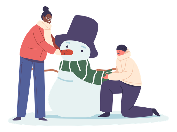 Joyful Children Sculpting Snowman And Their Faces Beaming With Wintery Wonder  イラスト