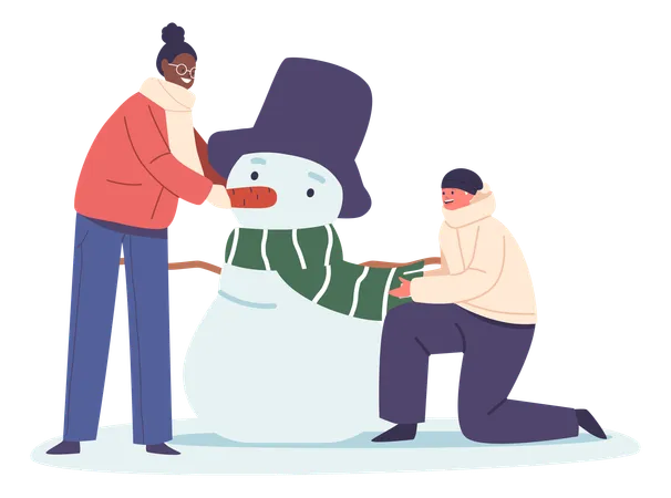 Joyful Children Sculpting Snowman And Their Faces Beaming With Wintery Wonder  Illustration