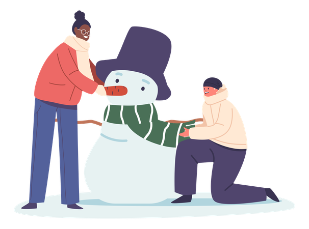 Joyful Children Sculpting Snowman And Their Faces Beaming With Wintery Wonder  Illustration