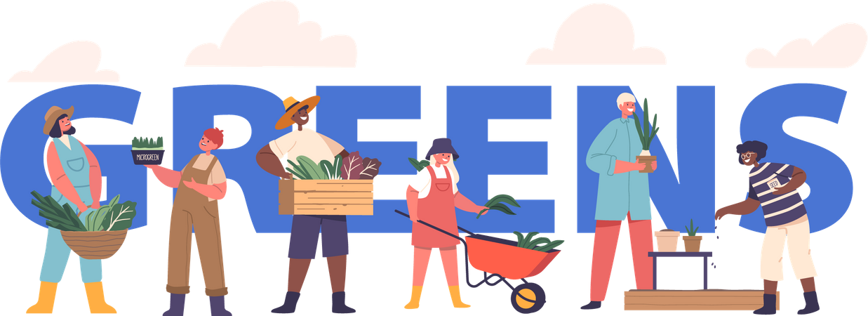 Joyful Children With Various Green Vegetables  イラスト