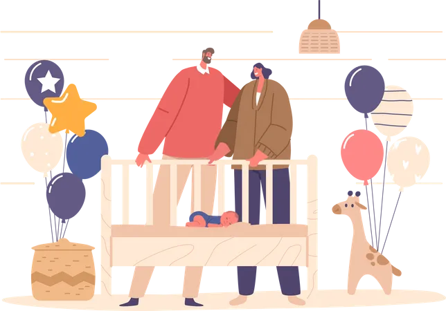 Joyful couple watching their newborn baby sleeping at home in cradle  Illustration