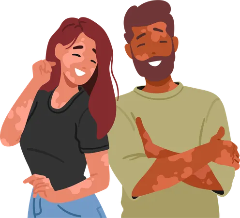 Joyful Couple Characters With Vitiligo Celebrating Love And Uniqueness Their Smiles Radiate Acceptance Embracing Diversity And Proving Beauty In Differences Cartoon People Vector Illustration 일러스트레이션
