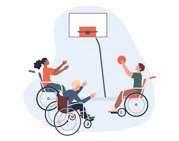 Joyful disabled people in wheelchair playing basketball  Illustration