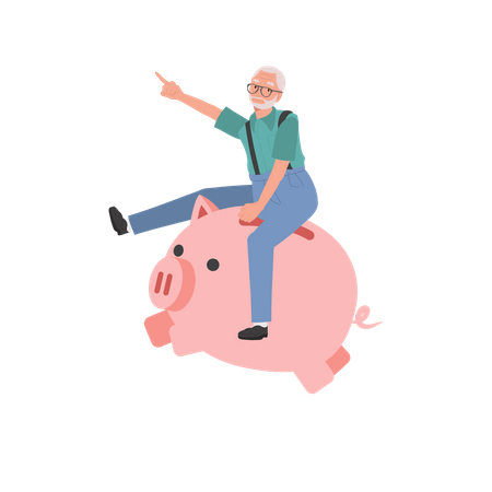 Joyful Elderly man Riding Piggy Bank  Illustration