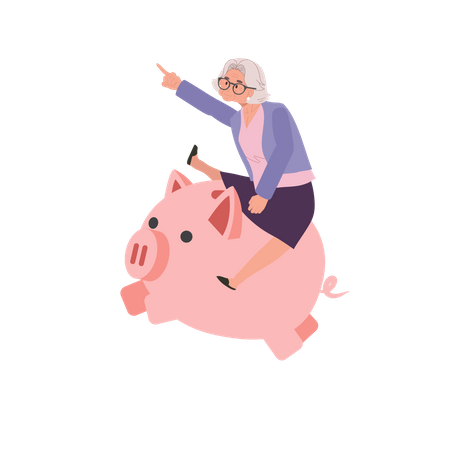 Joyful Elderly Woman Riding Piggy Bank  Illustration