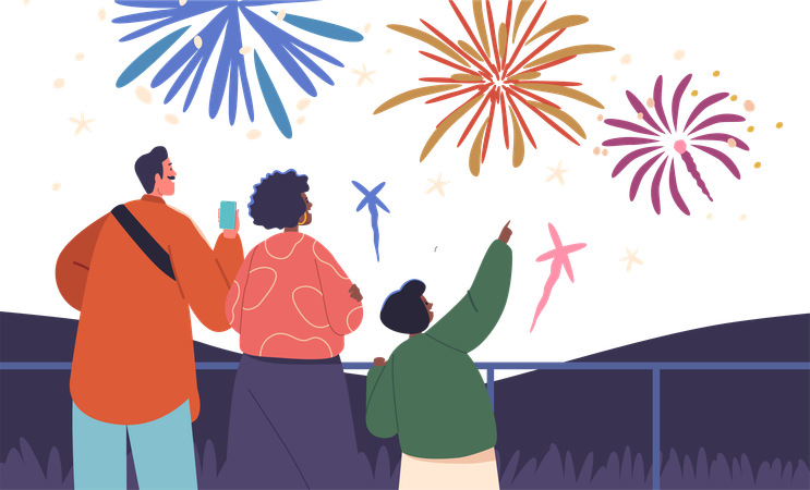 Joyful Family Characters Gazes In Awe At Holiday Fireworks Illuminating The Night Sky  일러스트레이션