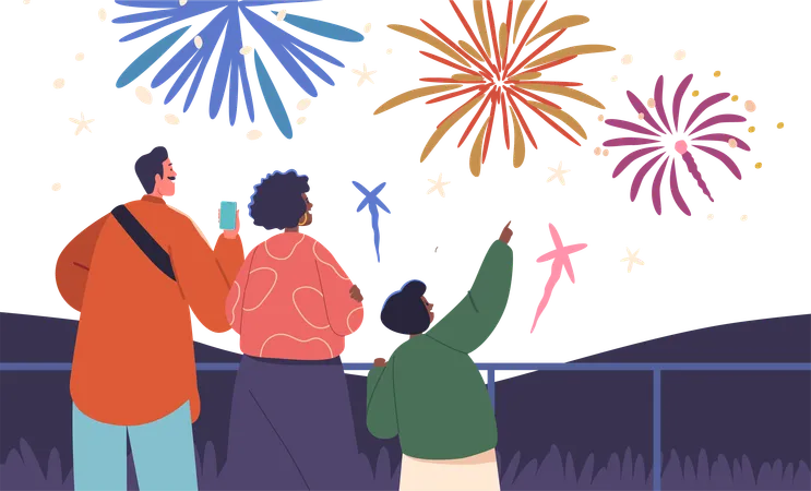 Joyful Family Characters Gazes In Awe At Holiday Fireworks Illuminating The Night Sky  Illustration