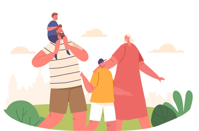 Joyful Family Characters Parents and Kids Strolling Through The Park  Illustration