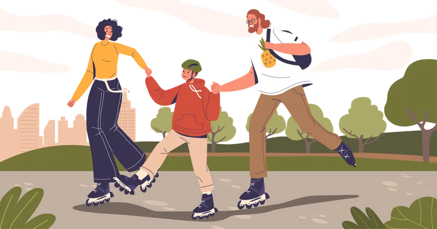 Joyful family glides on roller skates in summer park  Illustration