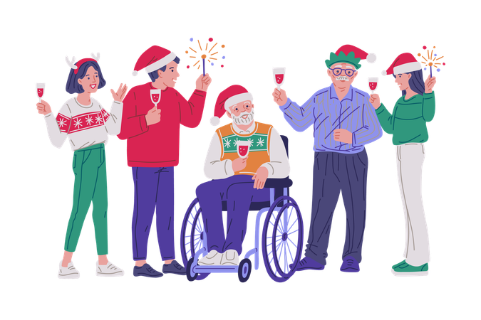 Joyful family, senior in a wheelchair with glass of champagne and sparklers  Illustration