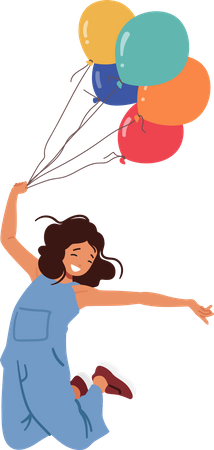 Joyful Girl Character Soars With Colorful Balloons  Illustration