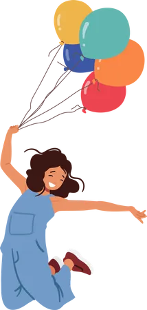 Joyful Girl Character Soars With Colorful Balloons Floating Through The Sky With Wide Eyed Wonder And Pure Excitement Embracing The Whimsical Adventure Of Flight Cartoon People Vector Illustration Illustration