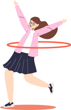 Joyful Girl Enjoy Playing With Hula Hoop Active Kid Spinning Ring Around Waist Happy Smiling Funny Activity For Children Concept Cartoon Flat Vector Illustration Illustration