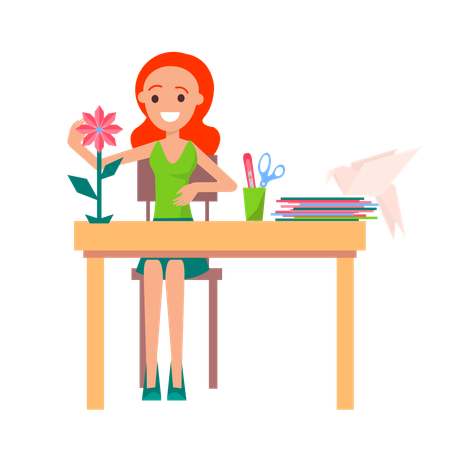 Joyful Girl Making Origami  Illustration