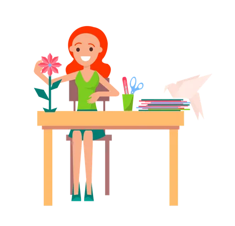 Joyful Girl Making Origami  Illustration