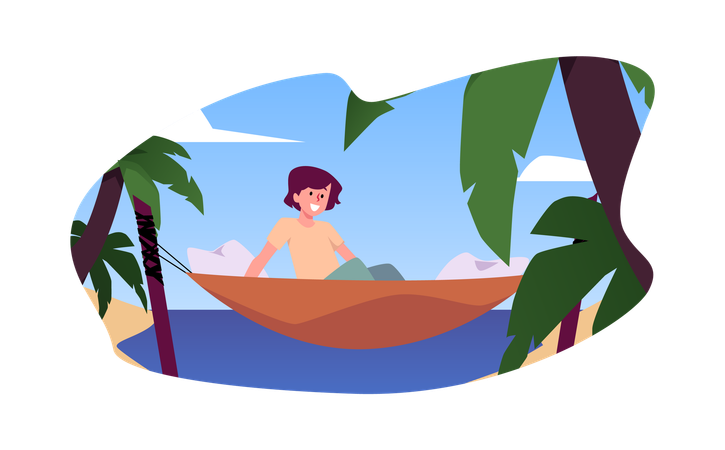 Joyful girl relaxing among palm trees in a hammock  Illustration