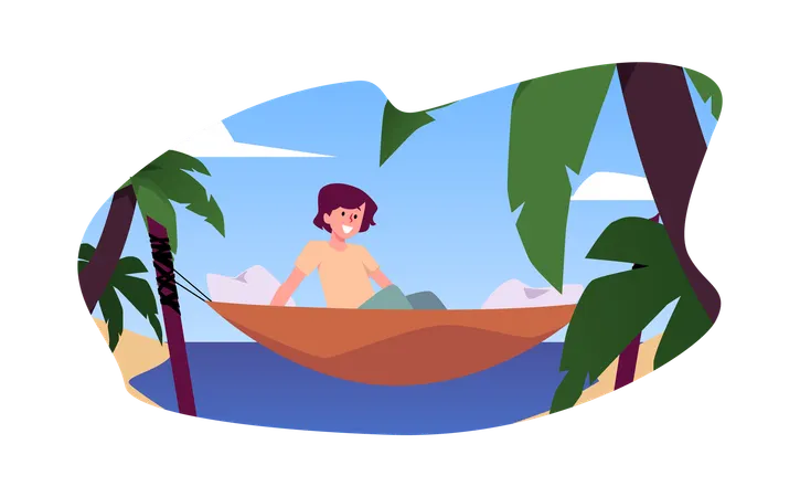 Joyful girl relaxing among palm trees in a hammock  Illustration