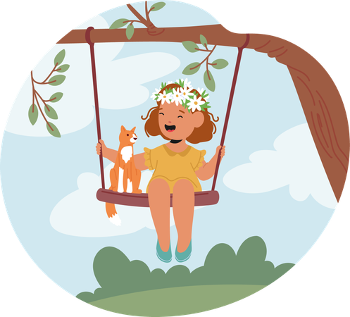 Joyful Girl Wearing Floral Crown While Swinging On Tree Swing With Cat  Illustration