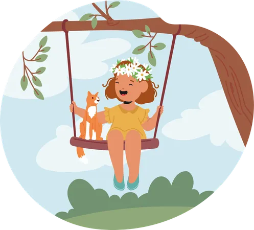 Joyful Girl Wearing Floral Crown While Swinging On Tree Swing With Cat  Illustration