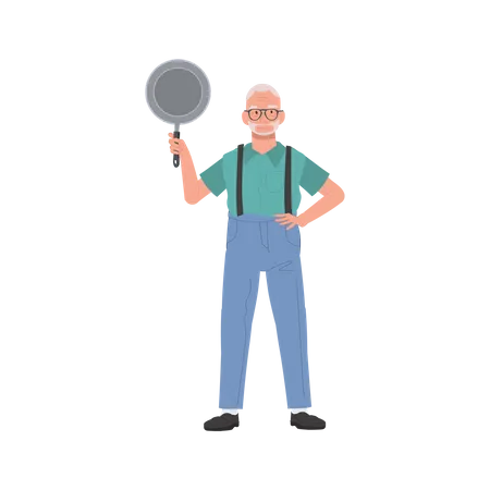 Joyful Grandpa Holding Pan  Illustration