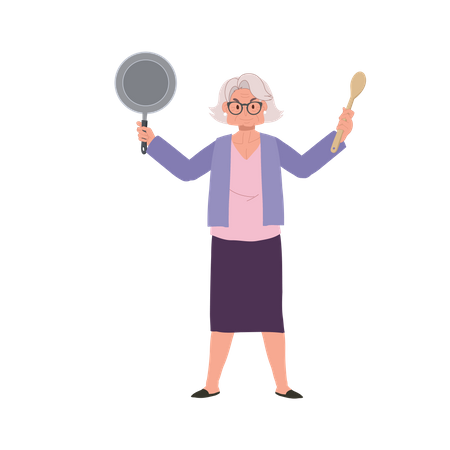 Joyful Granny Holding Pan and spatula  Illustration