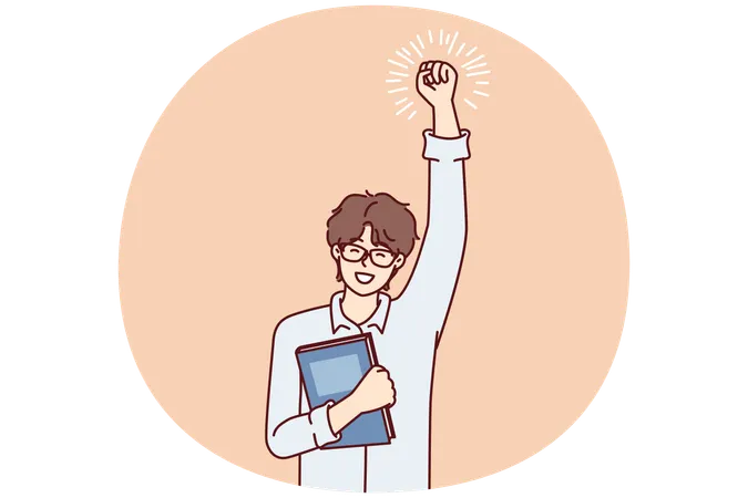 Joyful guy student with textbook in hand makes winning gesture  Illustration