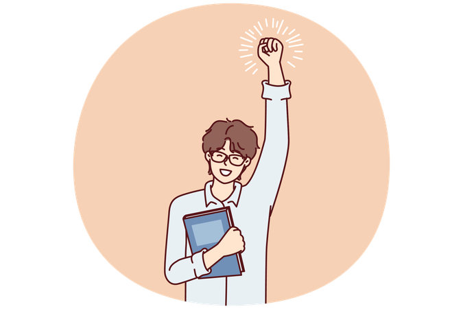 Joyful guy student with textbook in hand makes winning gesture  Illustration