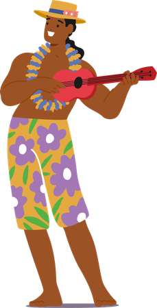 Joyful Hawaiian Man Playing Ukulele  Illustration