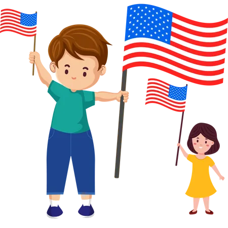 Joyful Independence Kid Celebrating with the American Flag  Illustration