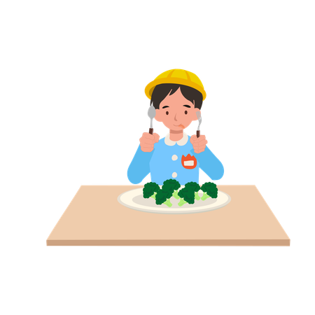 Joyful japanese kindergarten boy enjoying healthy food and eating broccoli with happiness  Illustration