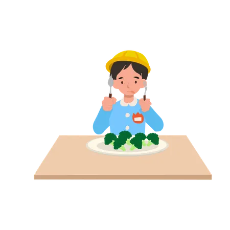 Joyful japanese kindergarten boy enjoying healthy food and eating broccoli with happiness  Illustration