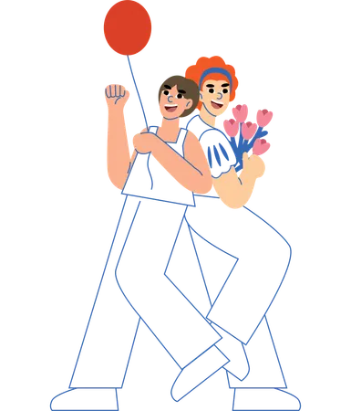 This Playful Illustration Depicts Two Women Carrying Balloons And Flowers Walking Joyfully It Symbolizes The Light Hearted And Supportive Journey Of Womanhood Embracing Happiness And Companionship Illustration