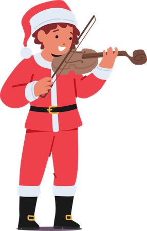 Joyful Kid In A Festive Christmas Santa Claus Costume Plays The Violin  일러스트레이션