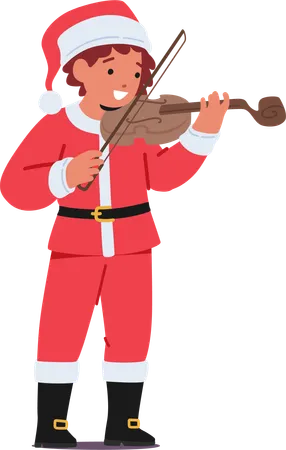 Joyful Kid In A Festive Christmas Santa Claus Costume Plays The Violin  Illustration