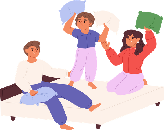 Joyful kid spend time together fighting pillows  Illustration