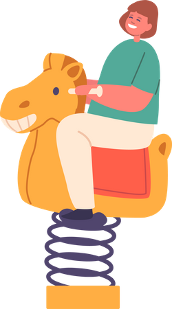Joyful Kid Swinging On A Horse Spring-mounted Swing  Illustration