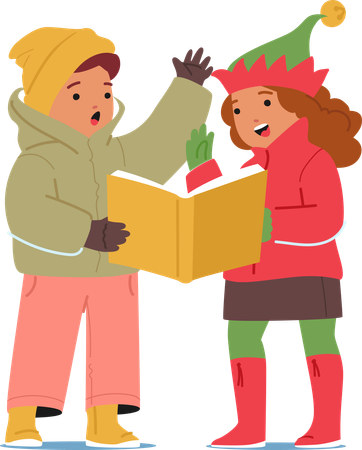 Joyful Kids Boy and Girl Characters In Warm Attire Sing Christmas Carols  Illustration
