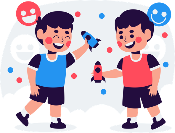 Joyful Kids Playing Rocket Toys  Illustration