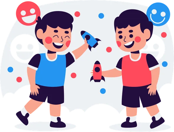 Joyful Kids Playing Rocket Toys  Illustration