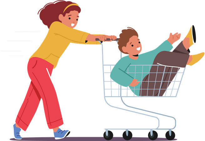 Joyful Kids Riding Supermarket Trolley  Illustration