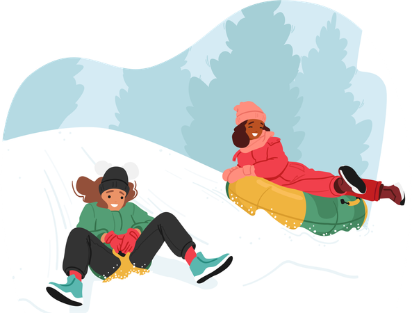 Joyful Kids Sled Down Snowy Hills  Illustration