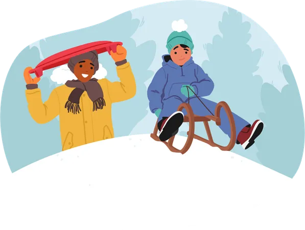 Joyful Kids Zoom Down Snowy Slopes Laughter Echoing In The Crisp Air Bright Sleds Carve Trails Leaving Behind Memories Of Winter Fun And Rosy Cheeked Delight Cartoon People Vector Illustration Illustration