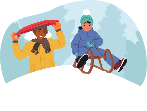 Joyful Kids Zoom Down Snowy Slopes  Illustration