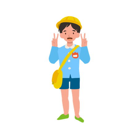 Joyful kindergarten boy raising hands with excitement in school uniform  Illustration