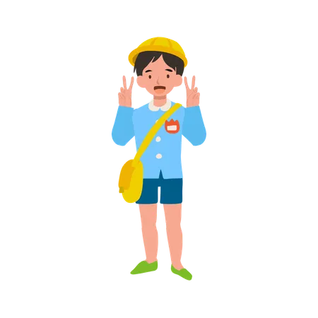 Joyful kindergarten boy raising hands with excitement in school uniform  Illustration