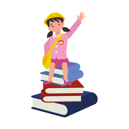 Joyful kindergarten girl greeting sitting on large stack of books with big smile  Illustration