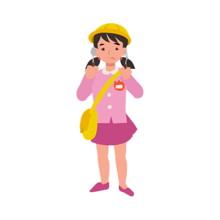 Joyful kindergarten girl in uniform eating and showing joy with fork and spoon  Illustration