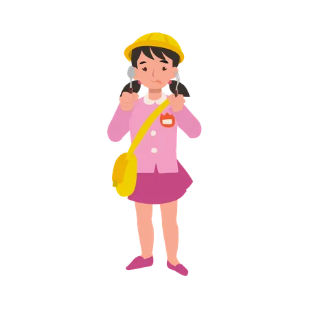 Joyful kindergarten girl in uniform eating and showing joy with fork and spoon  Illustration