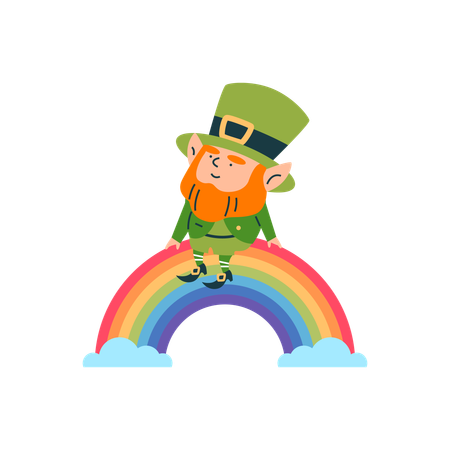 Joyful leprechaun sitting on rainbow in green suit  Illustration